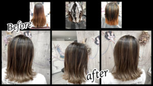 ●大阪豊中カラトリでハイライトとグラデーションベースからのミルクグレージュで外国人風カラー【りささん】の髪