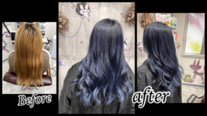 豊中で濃厚なブルーラベンダーが綺麗に染まるブリーチベースの土台【かなさん】の髪