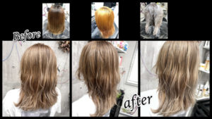 大阪豊中市でブリーチ2回からのハイトーンミルクティーカラーでお洒落外国人風カラー【なつきさん】の髪