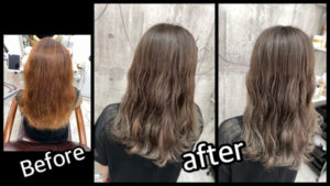 豊中市カラトリで透明感抜群カーキグレージュで赤み抹殺外国人風カラー【なおみさん】の髪