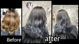 豊中市カラトリで白髪を染めながら濃厚なブルーラベンダーのグラデーションカラー【とみこさん】の髪