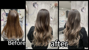 豊中市カラトリで白髪を染めながらバレイヤージュベースからのミルクティーグレージュ【さなえさん】の髪