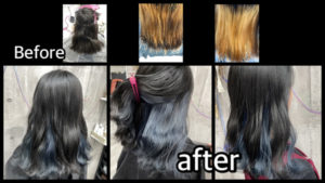 豊中市カラトリでブリーチ２回で作るブルーアッシュグレーのインナーカラー【のぞみさん】の髪