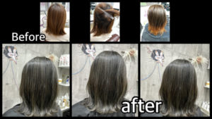 豊中市カラトリで赤み抹殺カーキグレージュをナチュラルグラデーションカラーで作る！【ひろえさん】の髪