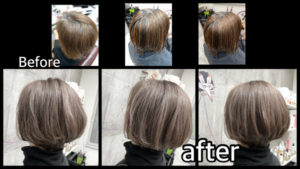 豊中市カラトリて白髪ぼかしをハイライトて積み重ねていく外国人風カラー【かおりさん】の髪