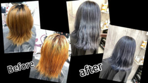 豊中市カラトリで色落ちの過程でシルバーグレージュになるブルーラベンダー【ゆいさん】の髪