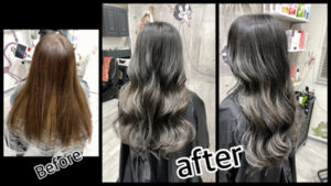 【脱白髪染め】豊中市カラトリで白髪を染めながらハイライトと濃厚グレーで作る極上の外国人風カラー【さなえさん】の髪