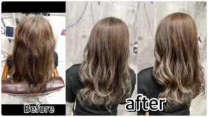 【脱白髪染め】ブリーチを使わずに段階的に明るさと赤みのないミルクティーカラーを作る|大阪豊中カラトリ【めぐみさん】の髪